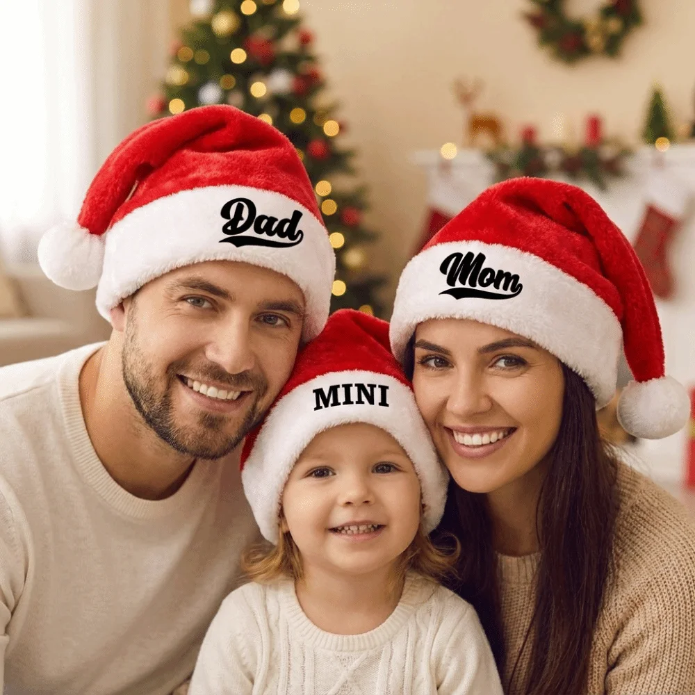 DAD MOM MINI Embroidered Family Matching Santa Hat Thick Soft Family Xmas Decor Hat Fluffy Parent-Unisex Santa Hat