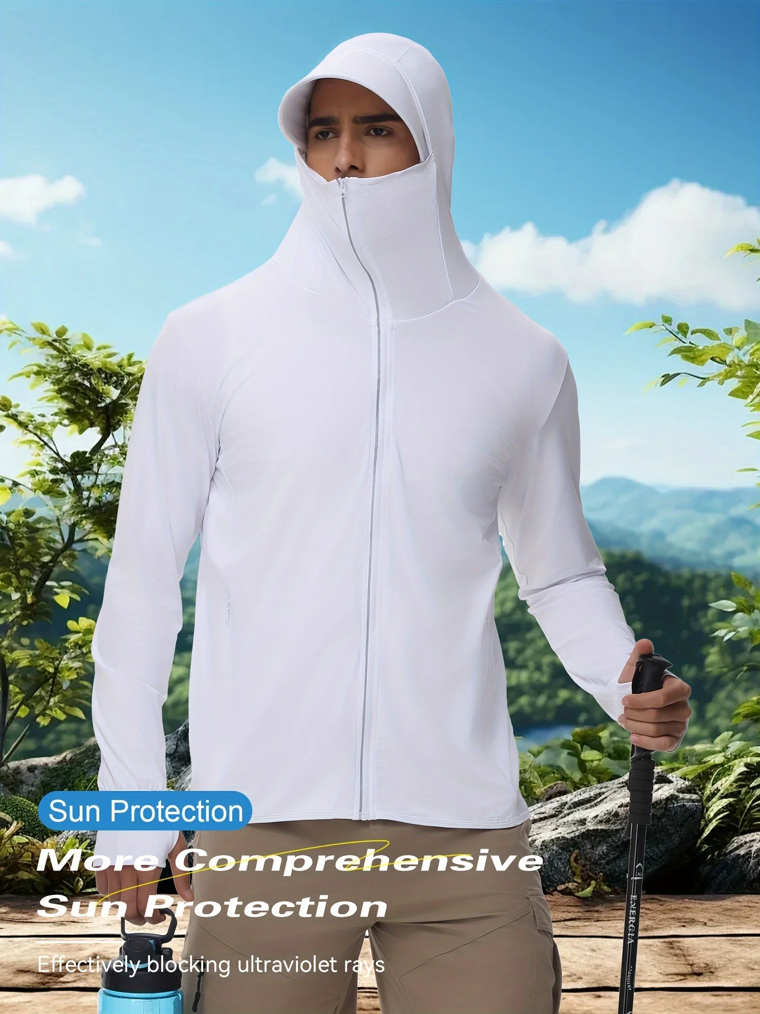 Long Sleeve Men's Solid Color Zip Up Hooded Sun Protection Slim Fit Coat for Outdoors & Sports #3