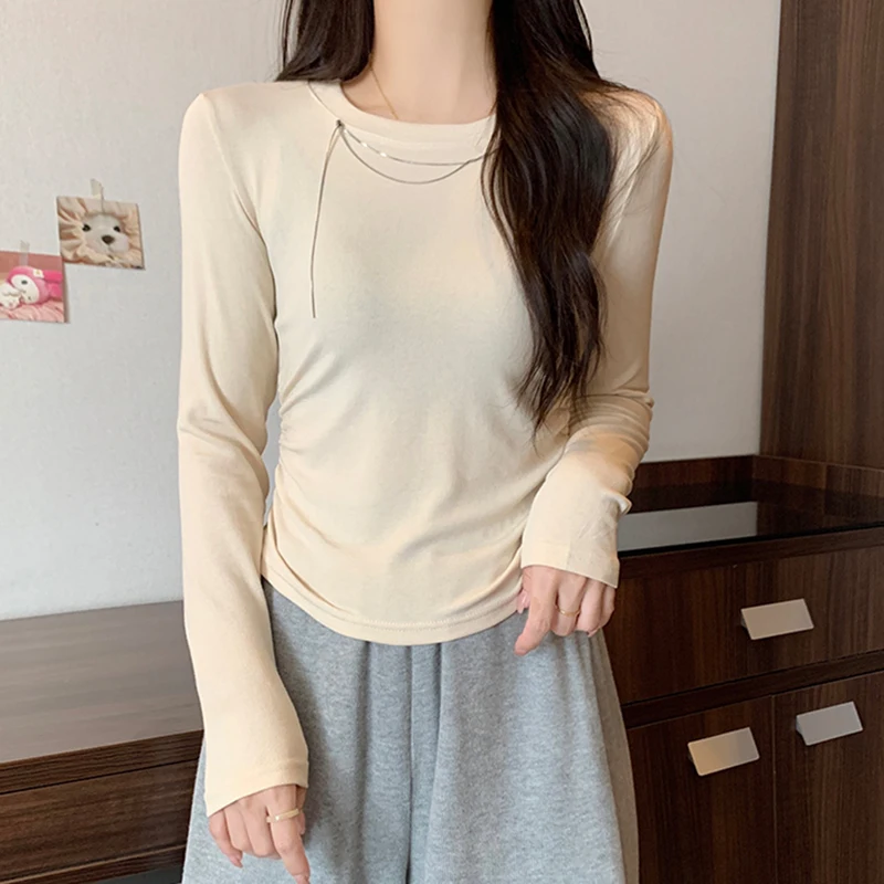 

Crop T Shirt Women Chain O-Neck T-Shirt Autumn Cotton Long Sleeve Top Korean Style Woman Clothes Folds Tee Shirt Femme Camisetas