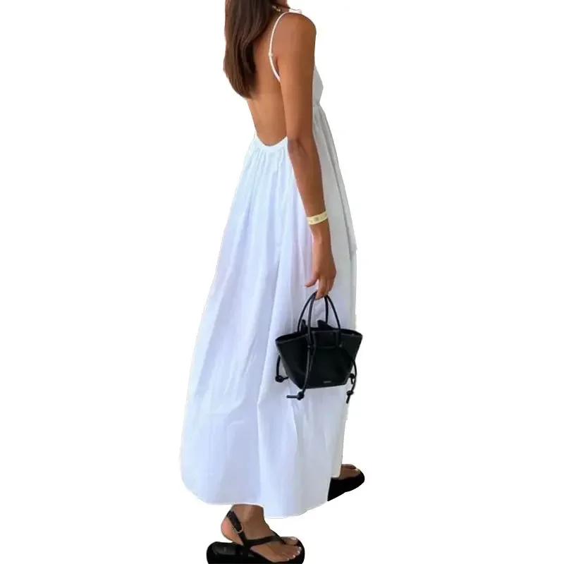 

Women's Backless Midi Dress Waistband V Neck Solid Pullover High Waisted Loose Fitting Camisole A-line Robe New Chic Dress 원피스
