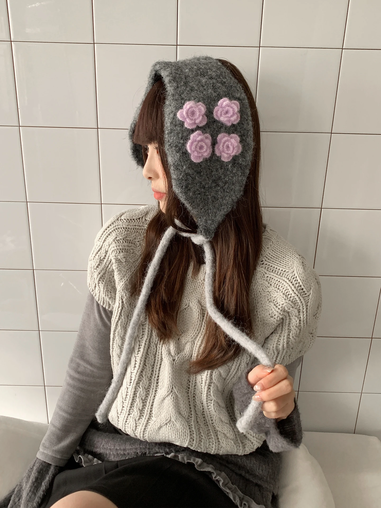 Handmade Korean Style Flower Lace Earmuffs For Women Warm And Cold-Proof For Outdoor Cycling In Winter