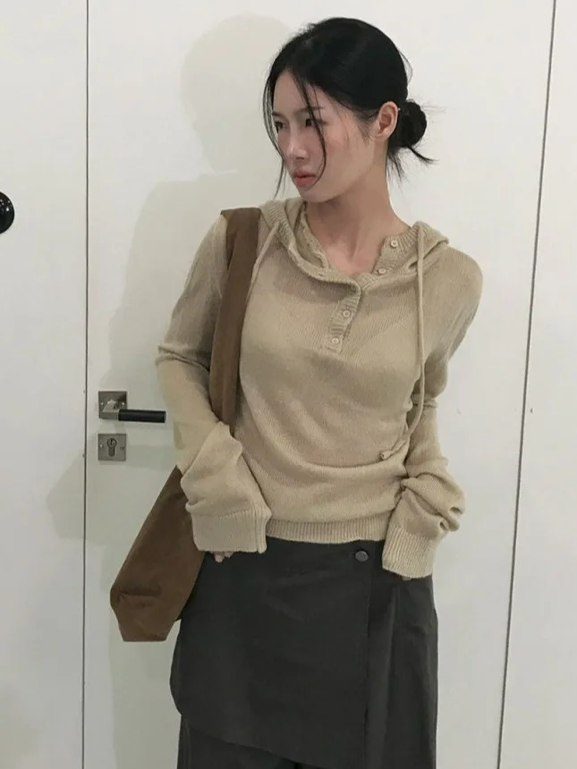 Coreano Sle Long Sve Malhas com capuz Feminino Outono Inverno Botão Faionable Ne Suéter All-Match Ele Crew Ne Sw...