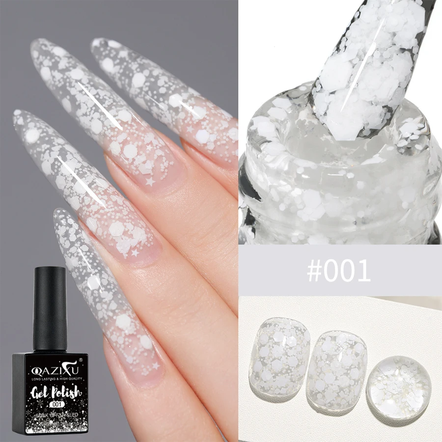QAZIXU 8 ml Schneeflocken-Gel-Nagellack, UV-LED, semi-permanent, weiß, rosa, glitzernd, Schnee-Gel, Nägel, Kunst-Design, Lack, Maniküre