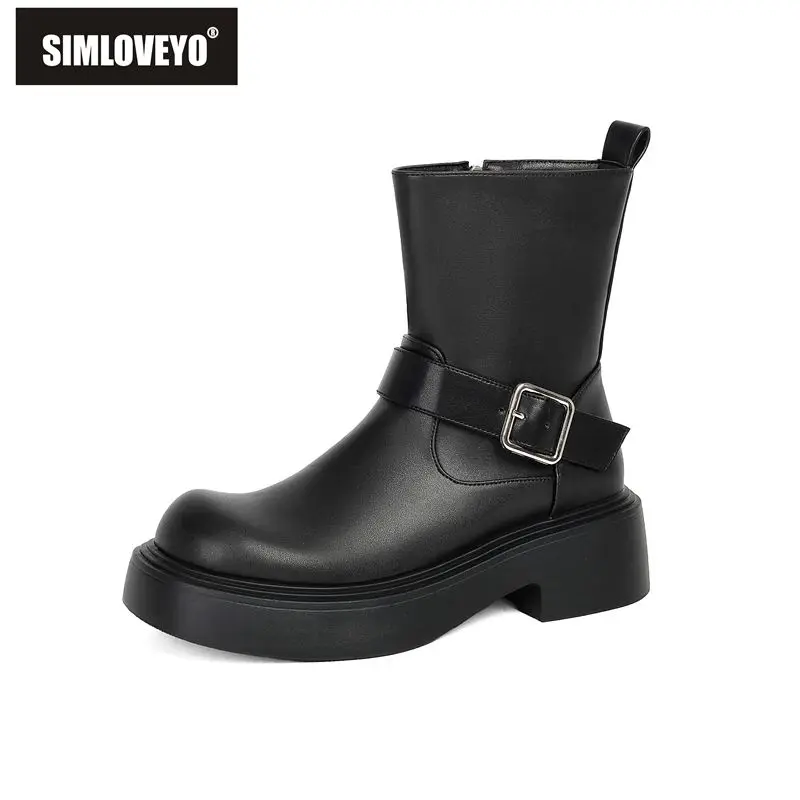 SIMLOVEYO Black Female Ankle Boots Round Toe 5cm Thick Heel Zipper Belt Buckle Large Size 41 42 43 Leisure Concise Short Botas