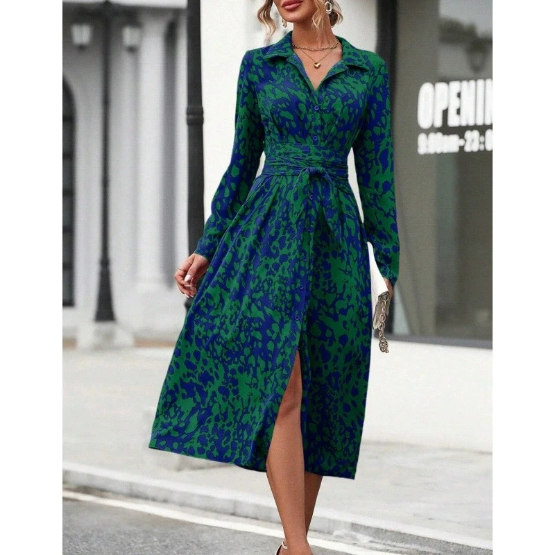 

Vintage Print Shirt Long Dress Women Spring Autumn New Lapel Single Breasted Leace-up Dresses Fashion Elegant Lady Vestidos New