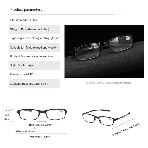 Imagen 2 del producto Gafas de lectura plegables con estuche para hombres y mujeres TR90, lentes transparentes para presbicia, lupa, dioptrías + 1,0 ~ + 4,0