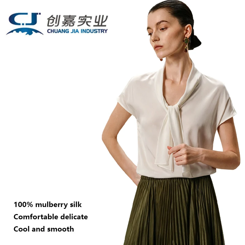 High-end Natural Silk Women's Shirt Spring Summer Short-Sleeved Flowing Collar Top Elegant Fashionable Shirt Cool Comfortable