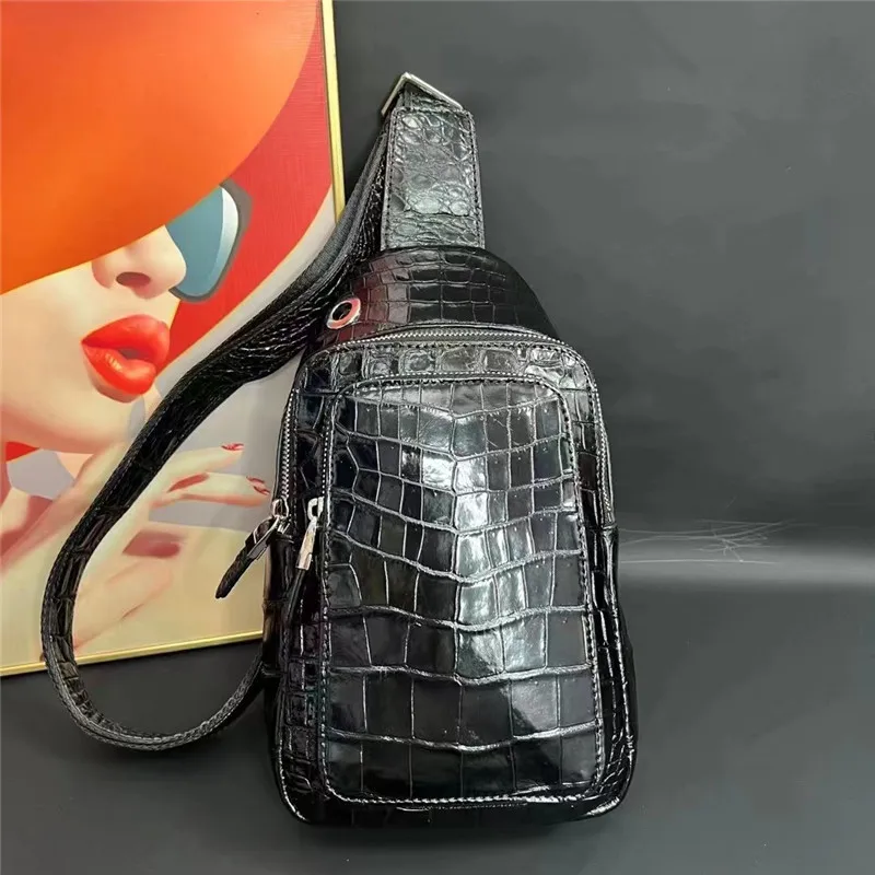 

All-match Genuine Crocodile Skin Men's Casual Black Chest Bag Male Messenger Bag Authentic Real Alligator Leather Cross Body Bag