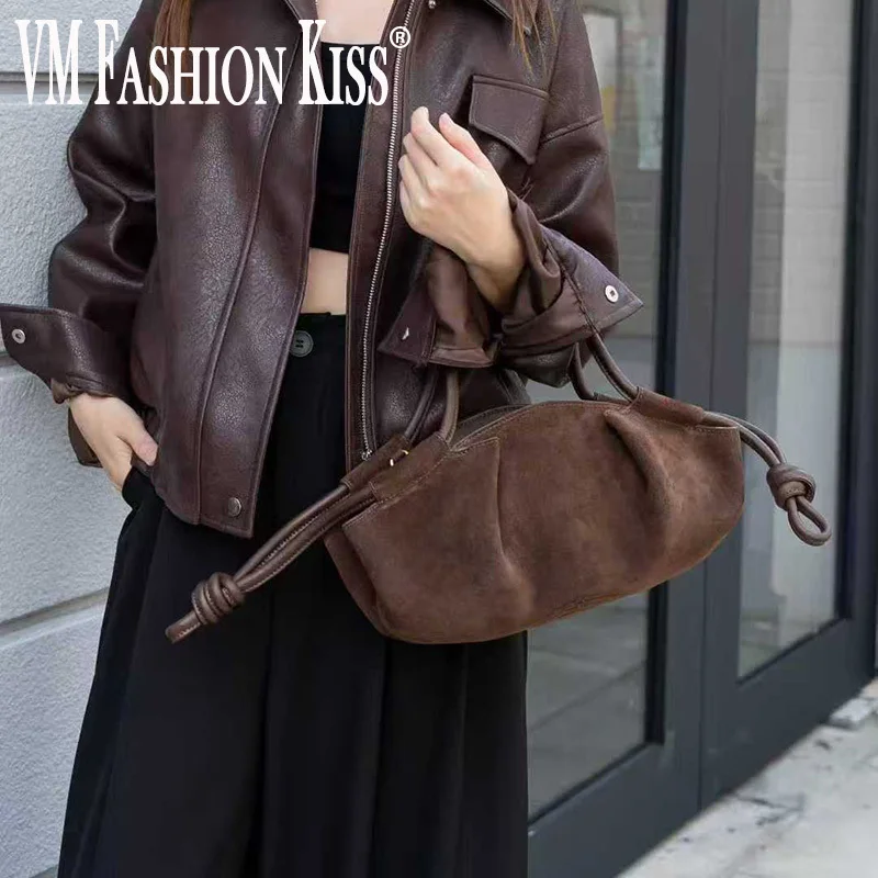 

Suede Leather Cloud Bag 2025 New Luxury Design Cowhide Pleated Drawstring One-shoulder Crossbody Bag Fashion Ladies Handbag