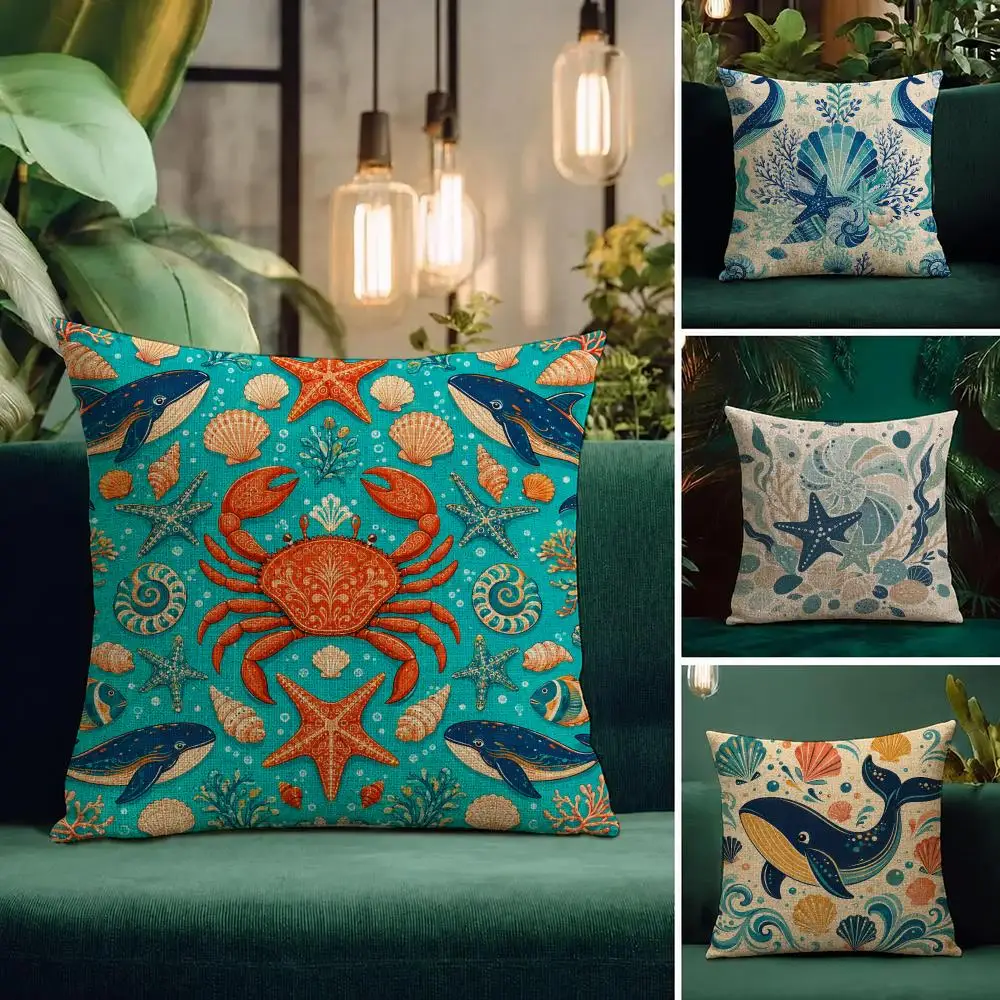 Pattern Aquatic Creature Pattern Cushion Cover Natural Linen Pillowcase Set Cushion Cover for Sofa Bedroom Chair