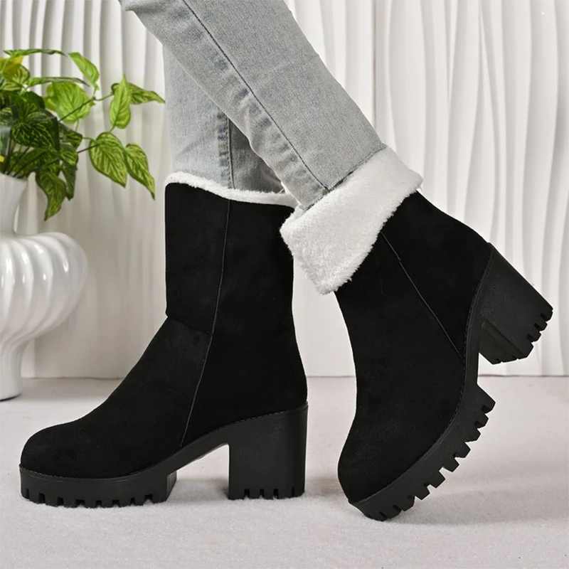 سميكة عالية الكعب الثلوج أحذية للنساء منصة صوف مبطن الدافئة حذاء من الجلد امرأة السببية جولة تو فو الجلد المدبوغ Zapatos Mujer #1