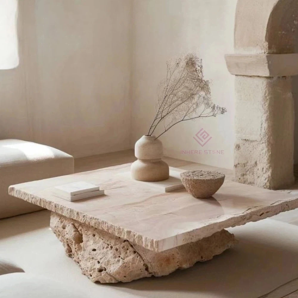 

Modern Nordic Design Living Room Beige Travertine Block Plinth Square Coffee Table Luxury Marble Table