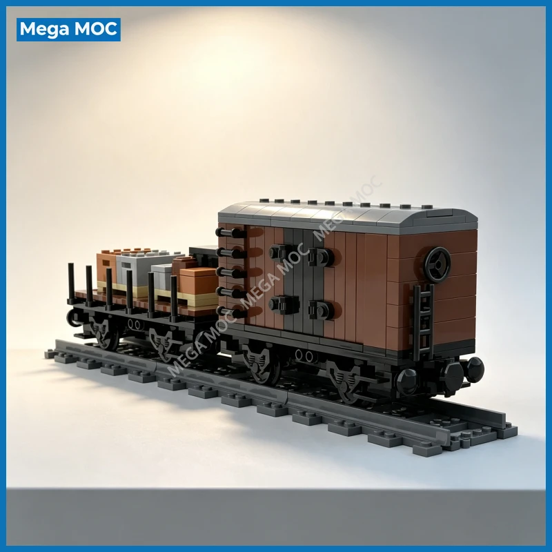 Vintage Boxcar and Flatcar MOC Building Blocks Retro Railway Freight Wagon Train Carriage Model DIY Assembly Brick Desktop