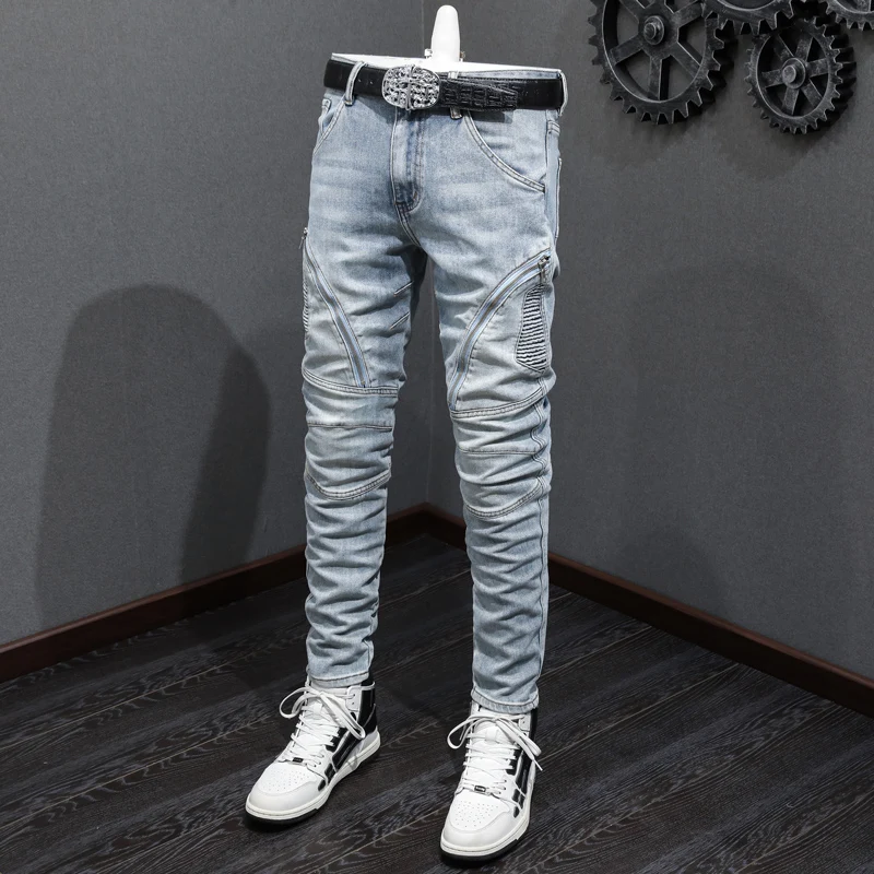 Street Fashion Men Jeans Retro Light Blue Elastic Stretch Skinny Ripped Jeans Men Spliced Patched Designer Hip Hop Pants Hombre
