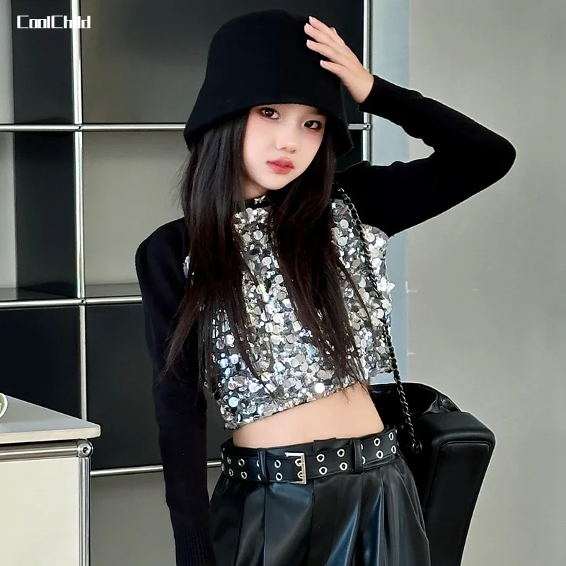 Hip Hop Girls K-pop Sequin Crop Top Shiny PU Leather Pants Street Dance Costumes Kids Streetwear Children Jazz Stage Clothes Set