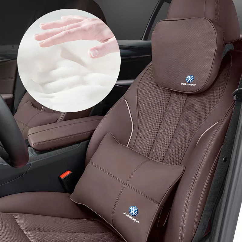 Leather Car Seat Headrest Neck Pillow Lumbar Support  For VW Golf Amarok T5 Phaeton Teramont ID3 Tiguan T-Cross Passat Magotan A