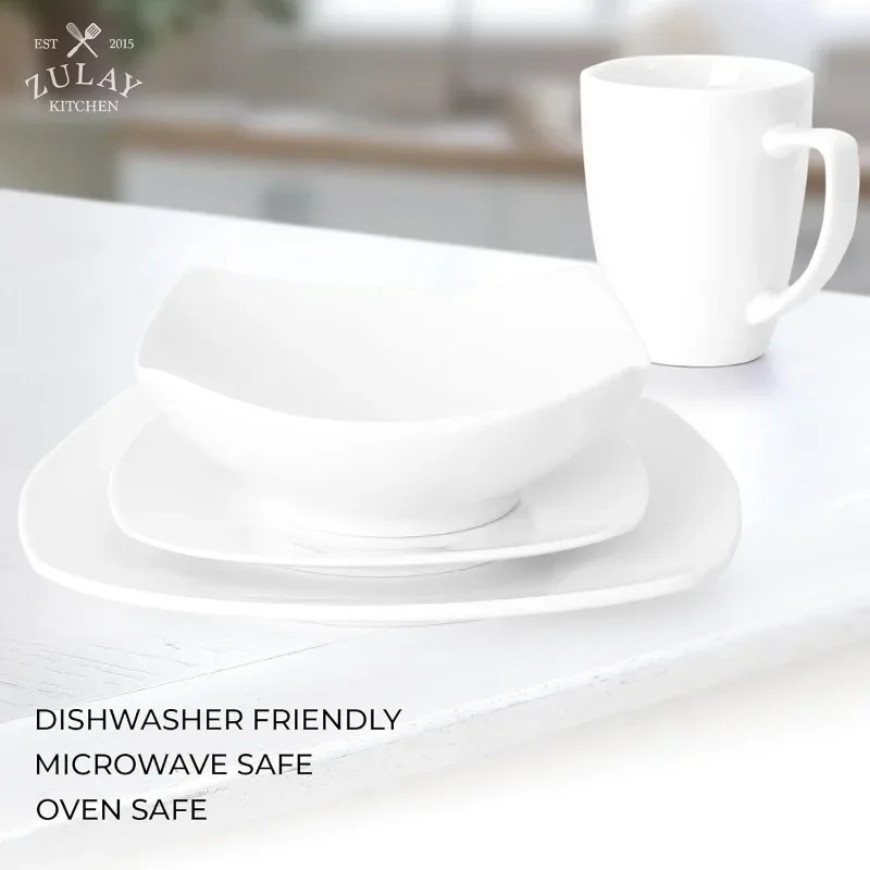 Dishes Set for 4, Durable 16-Piece Square Dinnerware Sets, Chip & Scratch-Resistant Porcelain Kitchen Plates & Bowls Sets, White