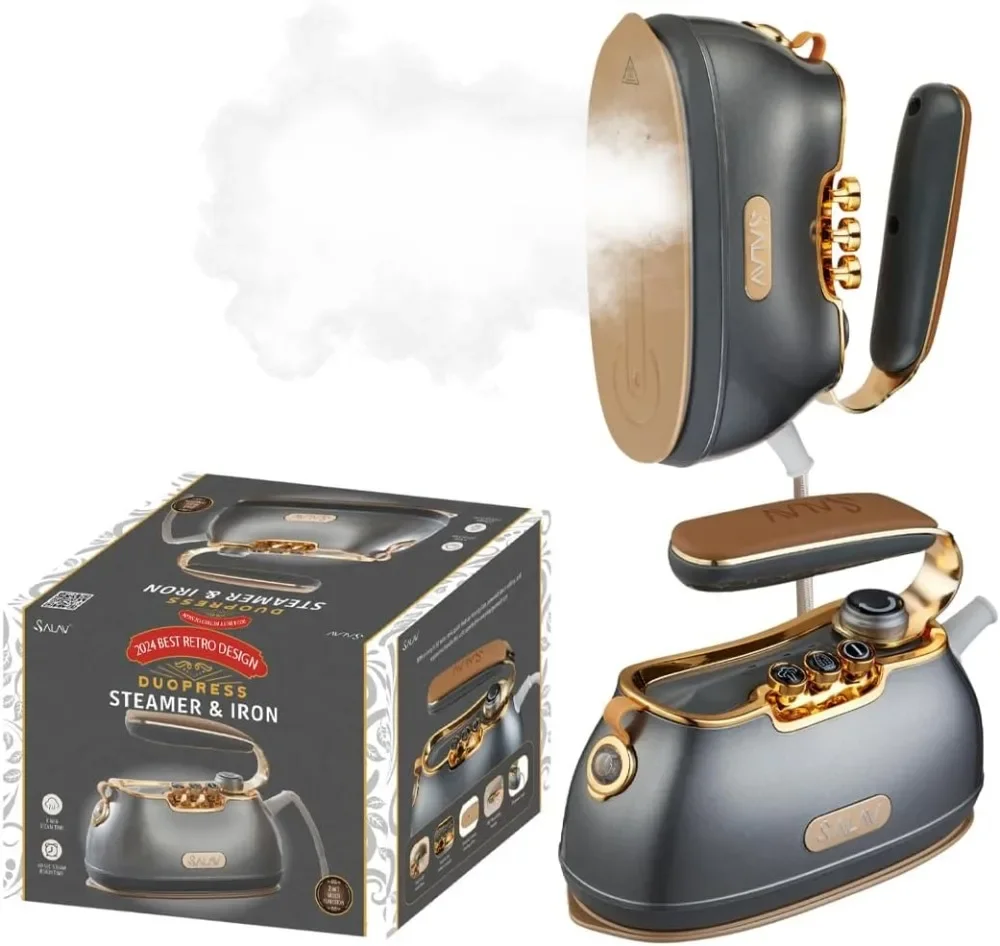 Retro Edition Duopress - Vapororizador de mano y plancha, placa cerámica, vapor de 1000 vatios, elimina las arrugas en l