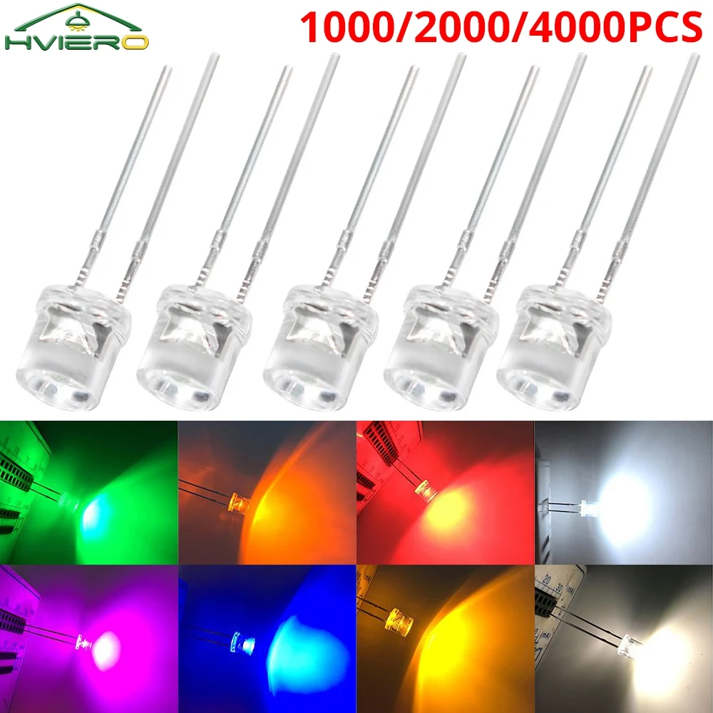 

1000/2000/4000X 5mm Water Clear LED Bead Ultra Bright Bulb Flat Top White Pink Yellow Blue Wide Angle Light Diode Emitting Lamp
