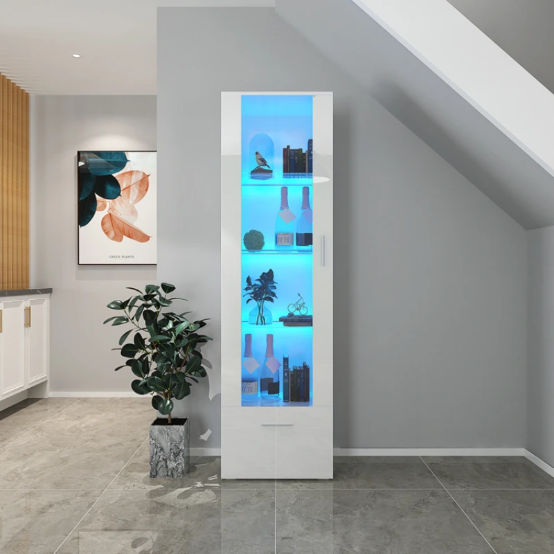 

190 CM High Gloss Modern Display Cabinet with LED Light and Glass Shelves