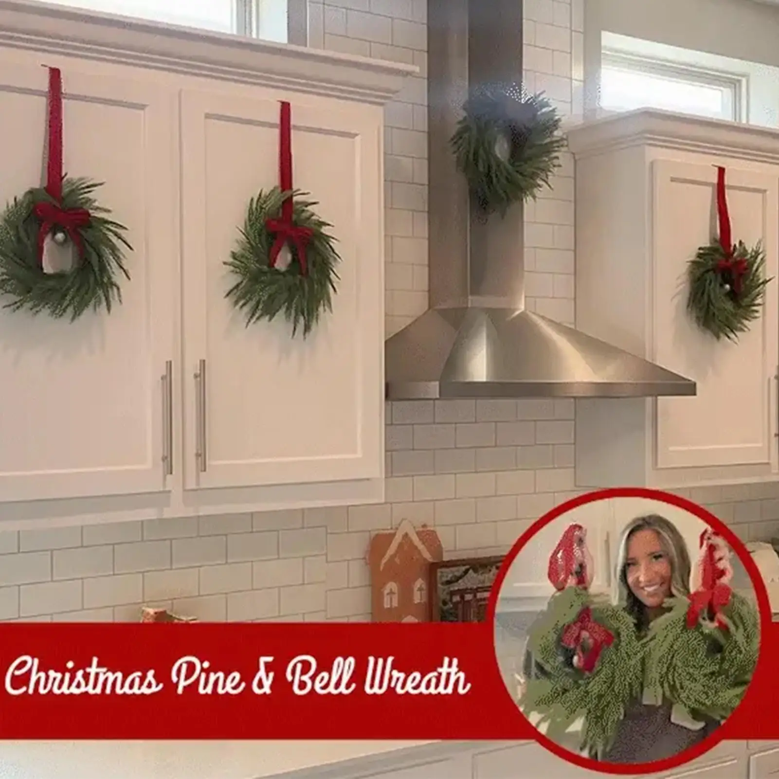 

Christmas Wreath with Red Bow Bells Artificial Pine Hanging Wreath Holiday Party Indoor Cabinets Window Stai ﻿