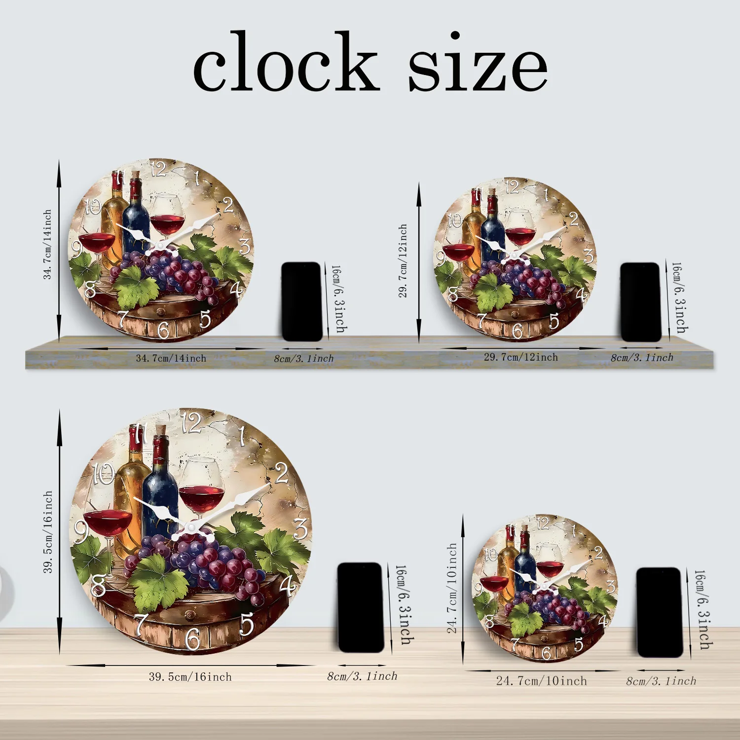 Vintage Elegant Wine Pattern Wooden Wall Clock Living Room Bedroom Kitchen Home Decor Silent Quartz Clock Holiday Gift 10-Inch 12-Inch 14inch 16inch