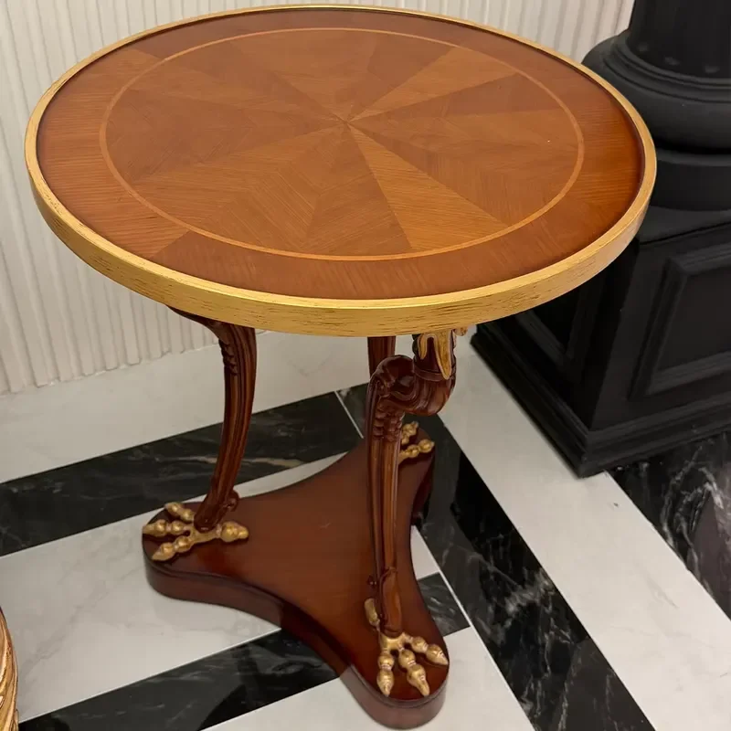 Neoclassical Regency Sunburst Marquetry Wood Inlay Gilded Eagle Claw Feet Tripod Pedestal Round Corner End Side Table