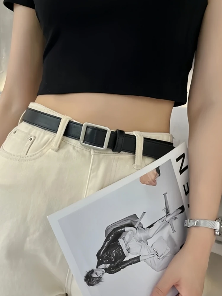 PU Leather Belt For Women Square Buckle Pin Buckle Jeans Black Belt Chic Luxury Brand Ladies Vintage Strap Female Waistband