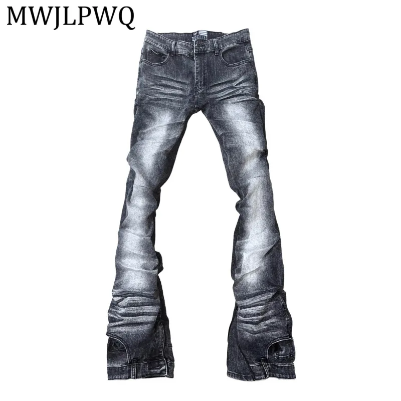 MWJLPWQ Washed Pleated Deconstructed Patchwork Slight Flare Jeans Men's High Street Zipper Vintage Distressed Trousers New 16370