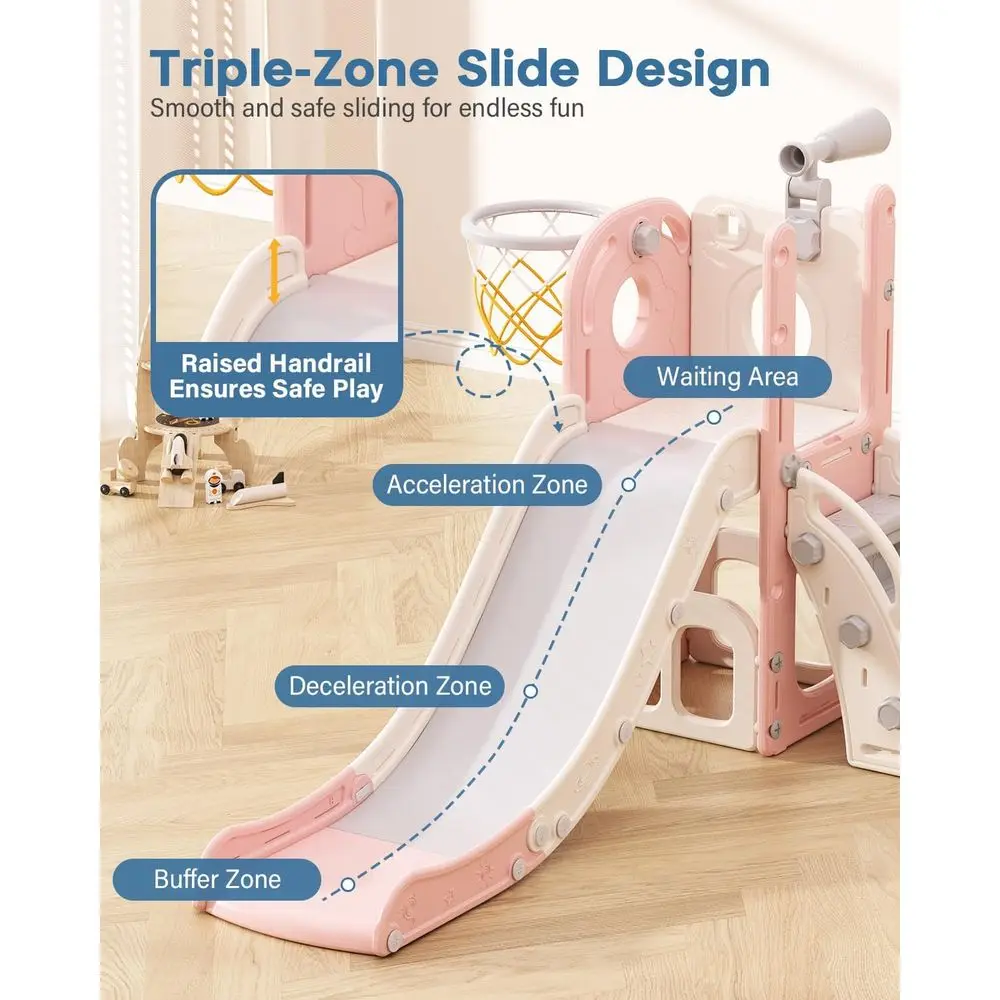6-in-1-Rutsche für den Innenbereich für Kleinkinder von 1–3, Kletterer-Spielset, Rutsche mit Basketballkorb und Teleskop, Outdoor-Spielplatz für Kleinkinder (Rosa)