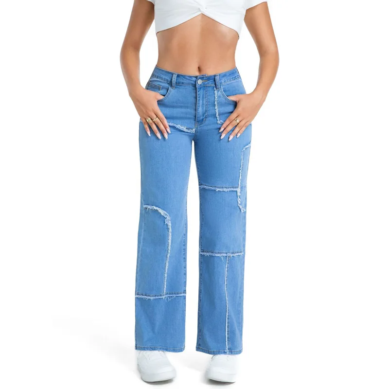 Celana Jeans Wanita Model Straight-cut Low-rise Open Crotch Pinggang Sedang Raw Trim Patchwork Fashion Wanita 2025 Streetwear Retro Terbaru