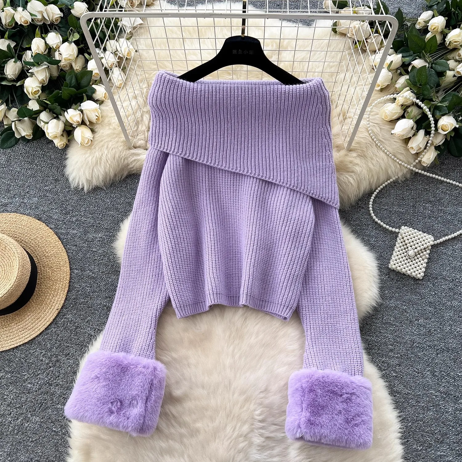 Elegant Slash Neck Purple Sweater Women Autumn Winter Long Fur Sleeve Knitted Tops Pullovers Jumpers