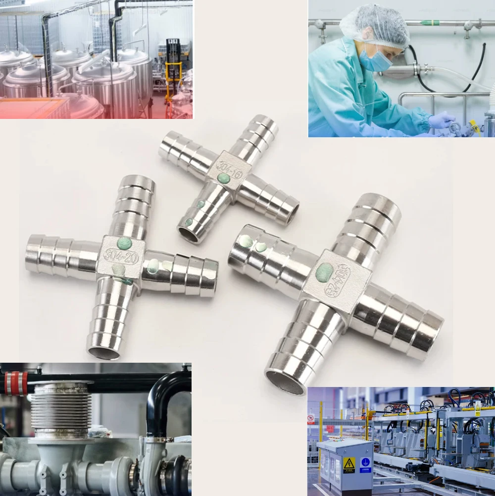 

6 8 10 12 15 20 25mm Hose Barb Elbow 4 Ways Cross Type Pipe Fitting Pagoda Hose Tail Barb Connector 304 Stainless Water Gas