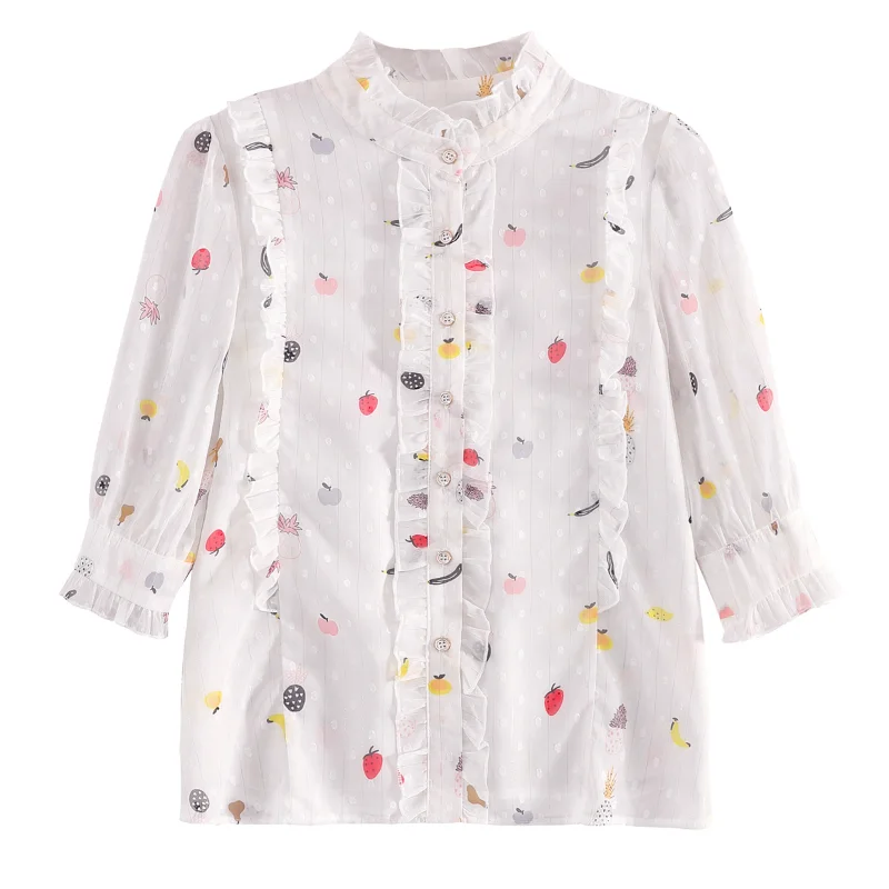 Stand-up Collar Ruffled White Shirt Women 2023 Summer Floral Chiffon Five-point Sleeve Tops Design Casual Blouse 27476