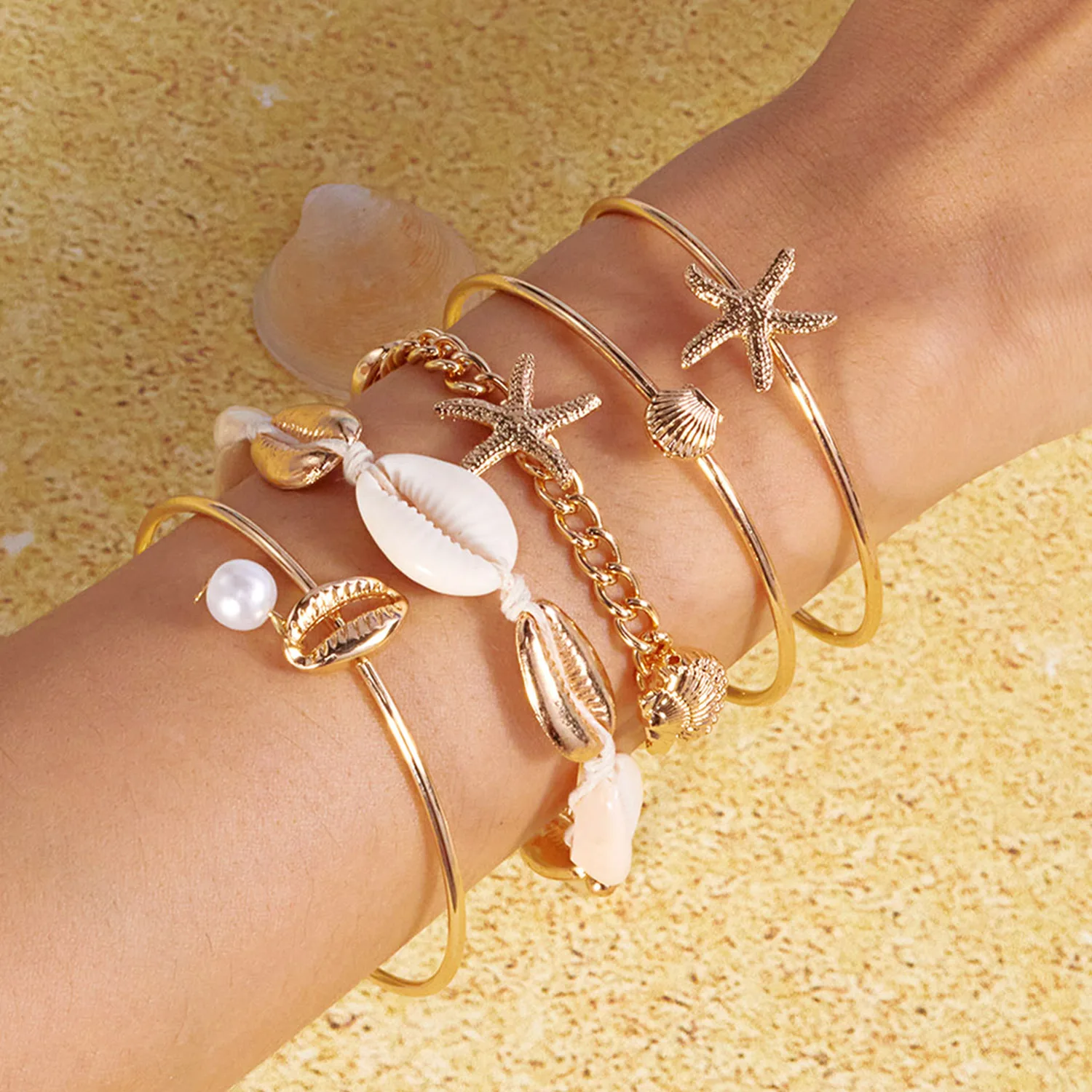 5PCS Bohemian Handmade Shell Armbänder Set für Frauen Luxus Seestern Shell Anhänger Armband Sommer Strand Schmuck Zubehör – Detail 3