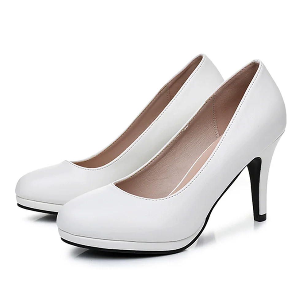 

Spring new round toe shallow white PU waterproof table wedding shoes banquet dress large size thin high-heeled women's shoes