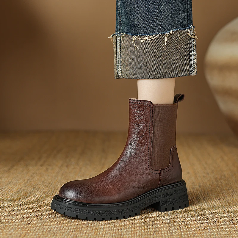 

Women Shoes Genuine Leather Shoes for Women Round Toe Chunky Heel Shoes Slip-on Chelsea Boots Casual Elastic Band Ankle Boots