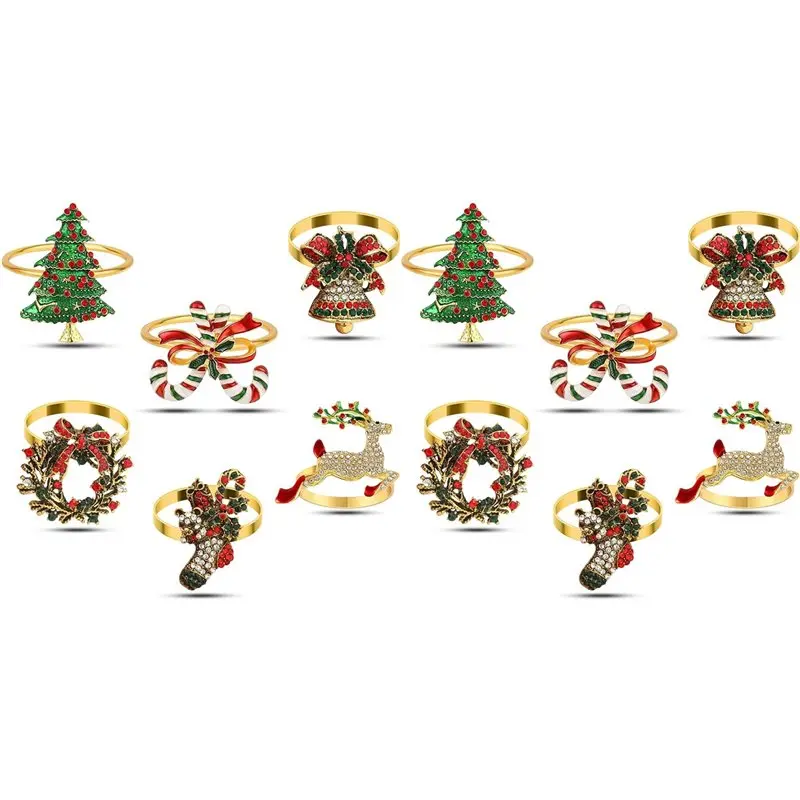 AT21-12Pc Christmas Napkin Rings Set,Metal Napkin Ring Holder Bluk For Xmas Party Favor Holiday