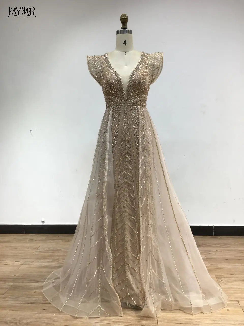

MYMB Exclusive Mermaid Beaded Gold Formal Occasion Dresses with Overskirt Arabic Sexy V Neck Evening Party Gowns robes de soirée