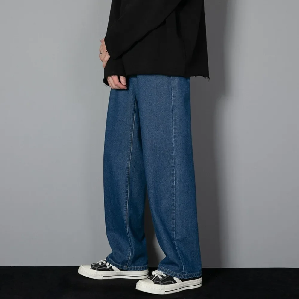 Solid Colors Men's Casual Long Jeans Classic Man Four Seasons Straight Denim Wide-leg Pants Light Blue Grey Black 3XL