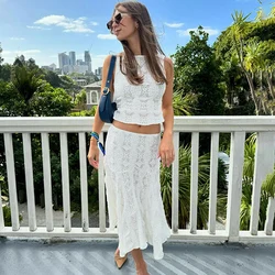 TARUXY Lace Skirt Suit Women Summer White Slim Sleeveless Crop Tops Ladies Holiday Casual Beach Skirt 2 Piece Set Womens Outfits