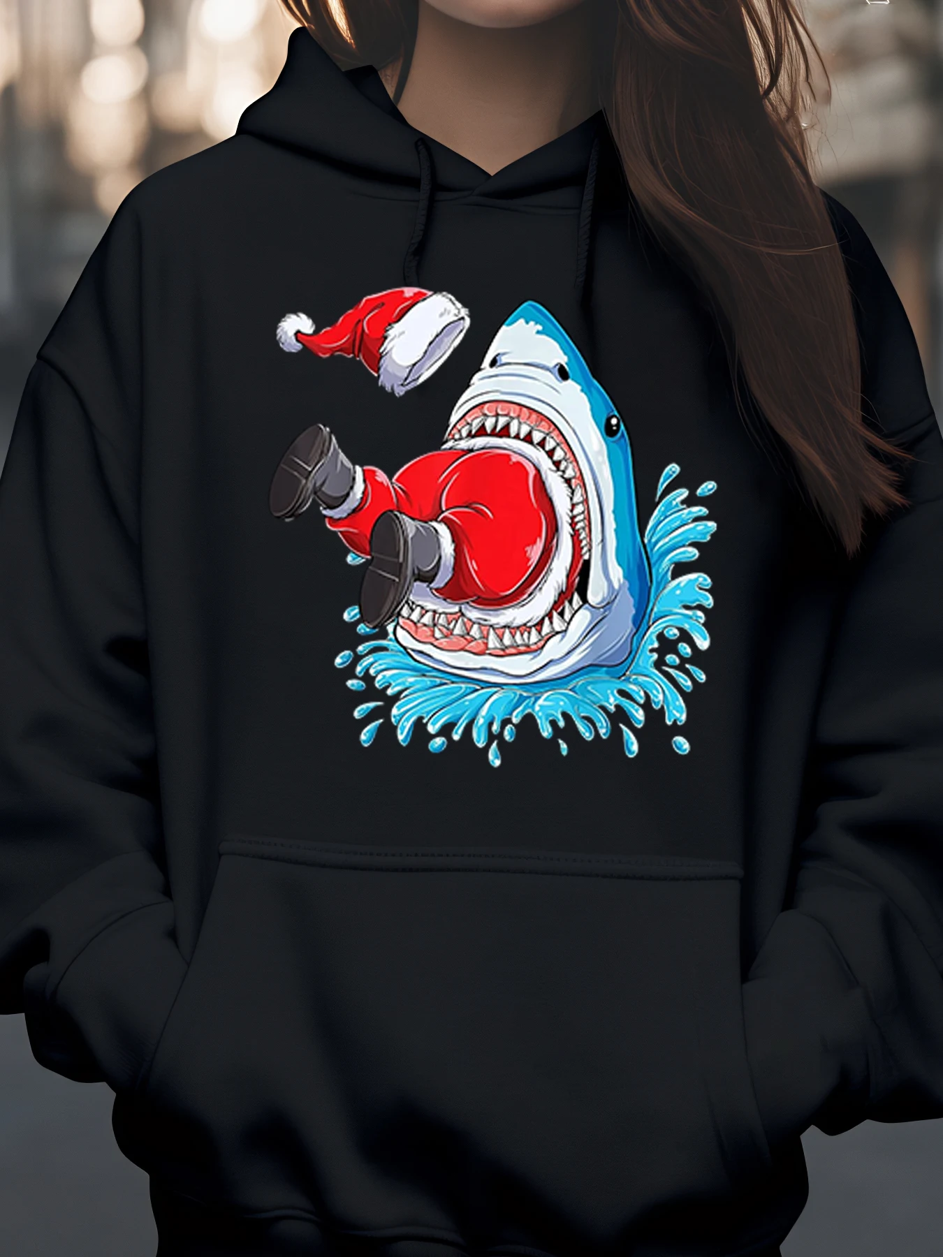 

Толстовка с рождественским принтом «Акула ест Санта-Клауса», праздничная повседневная одежда унисекс