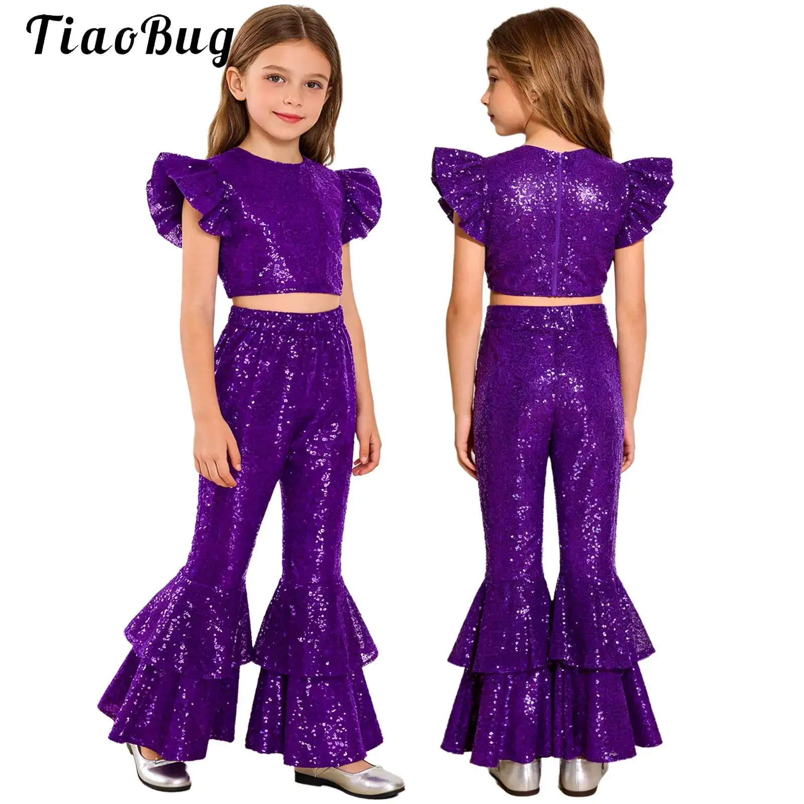 Tenue de concours de paillettes scintillantes pour enfants filles, haut court à manches volantes et pantalon évasé à bas de cloche, vêtements de danse Jazz pour noël et anniversaire