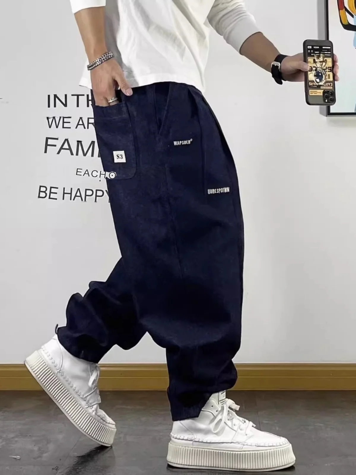 

Retro Waed American Sle Men's Loose Fit Embroidered Casual Harlan Jeans Autumn Winter plus Size 300 Pou Youth Trend