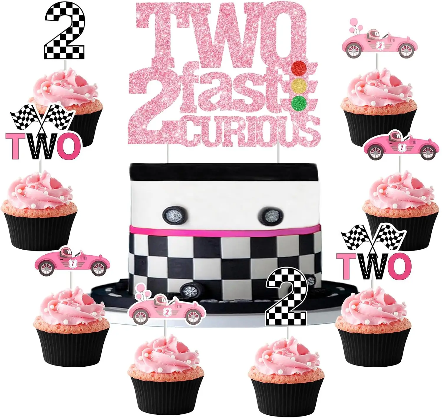 TWO FAST 2 CURIOUS Birthday Decorations, 25Pcs Cake Topper Race Car Cupcake Pink for Girl 2nd Birthday Cake decorations of paper