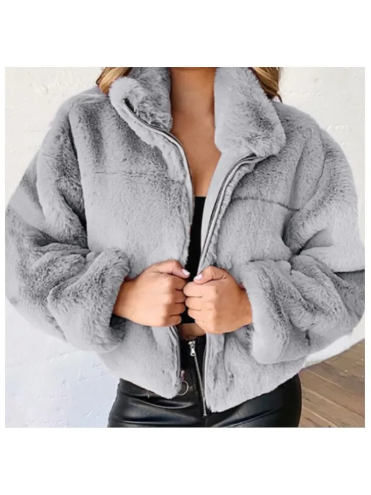 

Women's Autumn Short Coat Fashion Zipper Cardigan Plush Warm Coats Female Winter Leisure Loose Outerwear Overcoat Thick Jacket