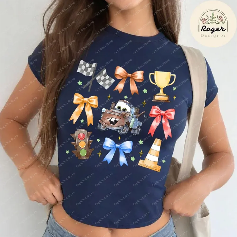 Coquette Bows Disney Cars Baby Tee Lightning Mcqueen Tow Mater Doc Hudson Sally Sexy Girl Trip Croptop Women Top Clothes Shirts