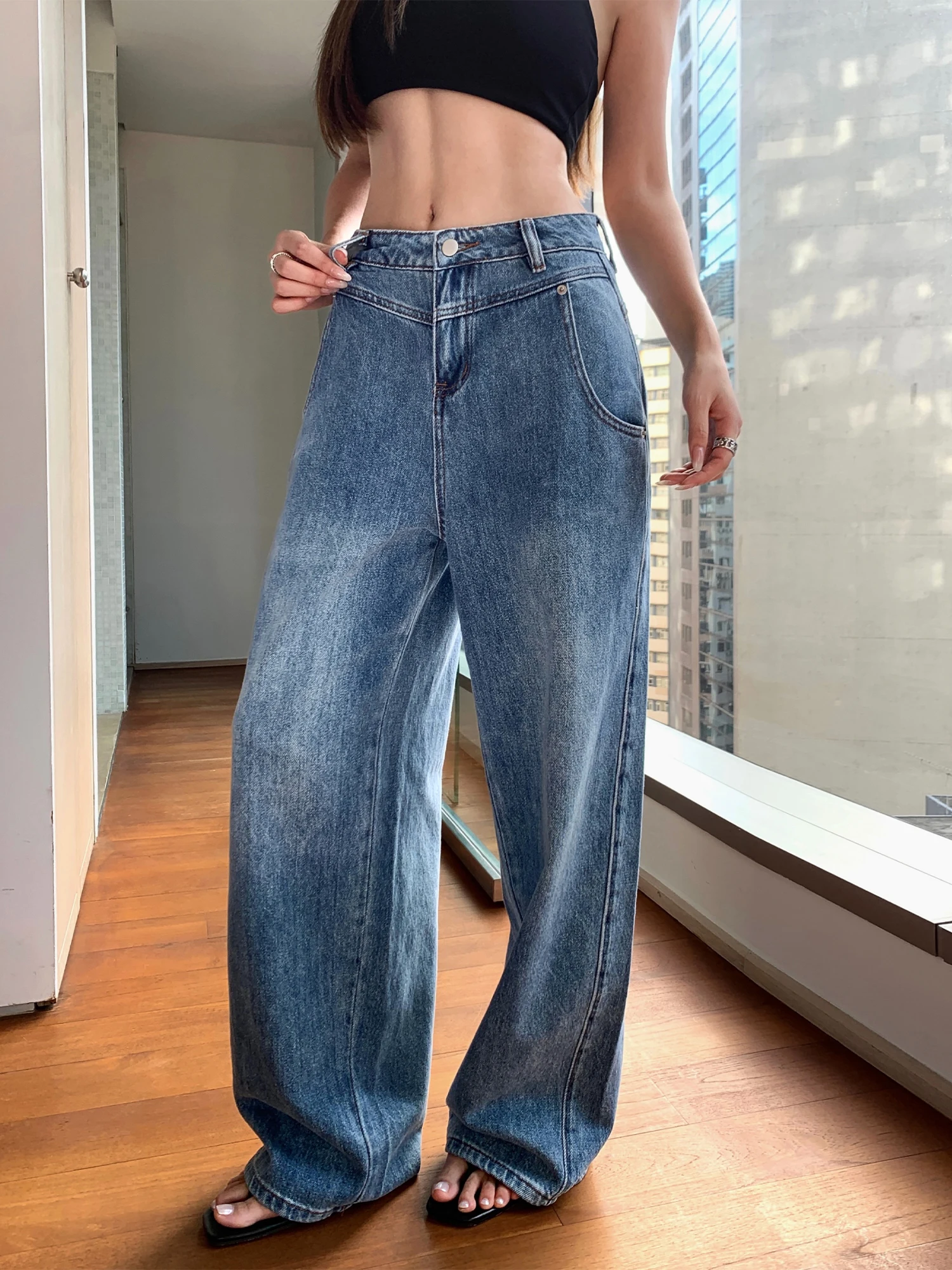 

NEVA HU ретро хлопковые джинсы женские летние с низкой талией свободные прямые широкие длинные брюки модные современные винтажные