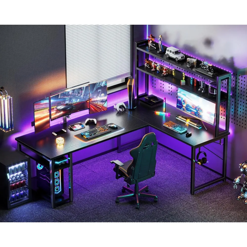 

L Shaped Gaming with Hutch, Computer with Storage Shelves, 66" L Shaped for Home Office, Corner Desk