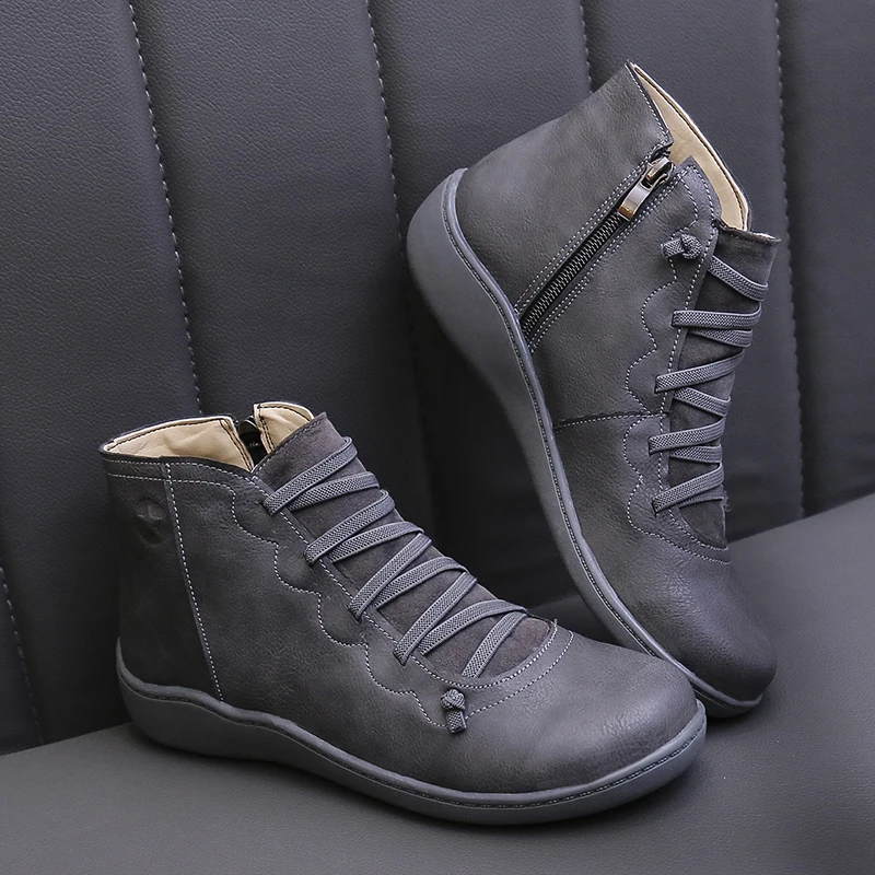 Neue Schneeschuhe Frauen Winter Leder Knöchel Frühling flache Schuhe Frau kurze Vintage Stiefel mit Fell für Frauen schnüren Goth Schuhe